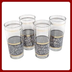 Vintage Snakeskin Tumbler Glasses Set of 4 Gold Trim Retro Barware MCM 6 inch